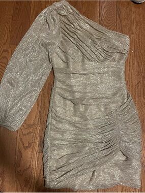 BCBGMaxAzria One-Shoulder Metallic Ruched Mini Dress in Champagne Gold